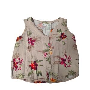 Vintage‎ White Stag Floral Tropical Print Cropped Blouse Medium Lightweight